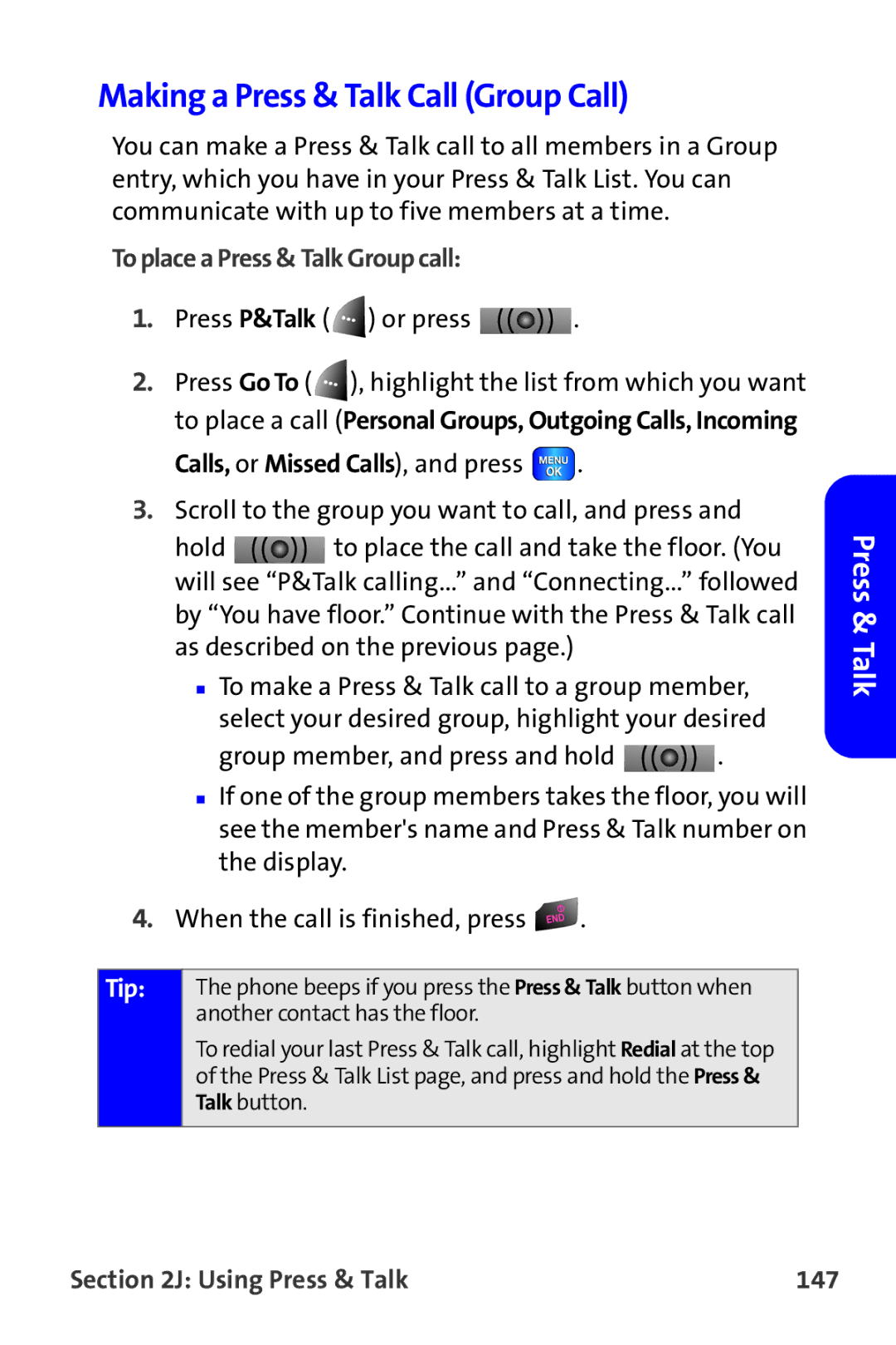 Samsung A820 manual Making a Press & Talk Call Group Call, To place a Press & Talk Group call, Using Press & Talk 147 