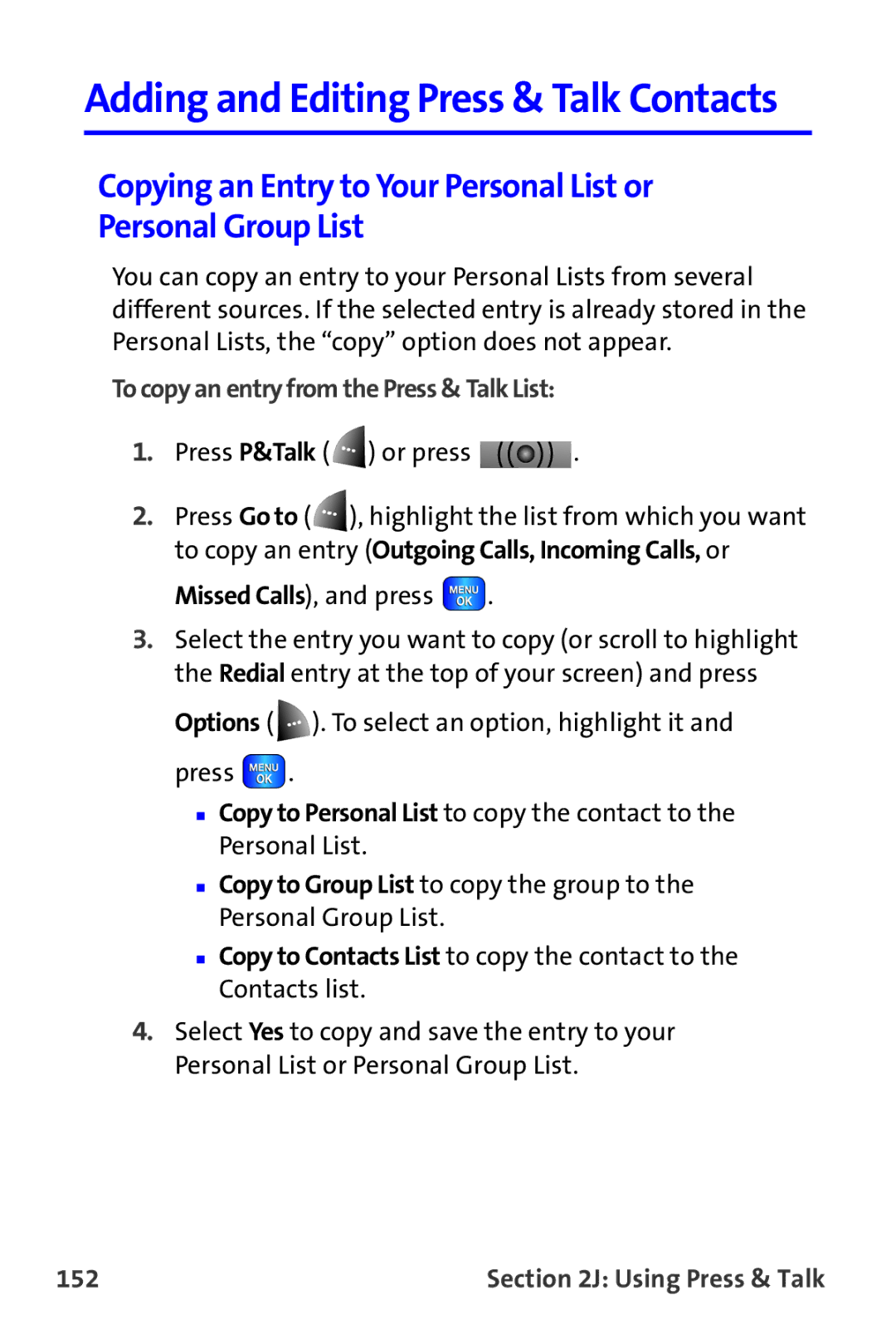 Samsung A820 manual To copy an entry from the Press & Talk List, 152 