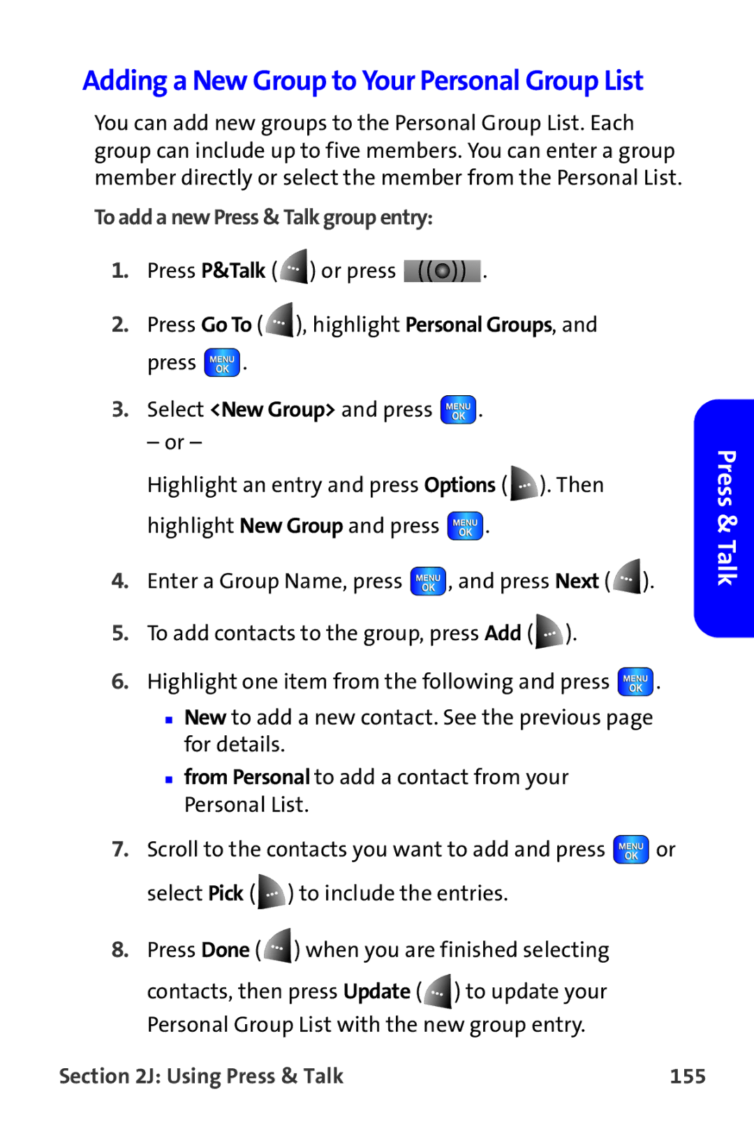 Samsung A820 manual To add a new Press & Talk group entry, Using Press & Talk 155 