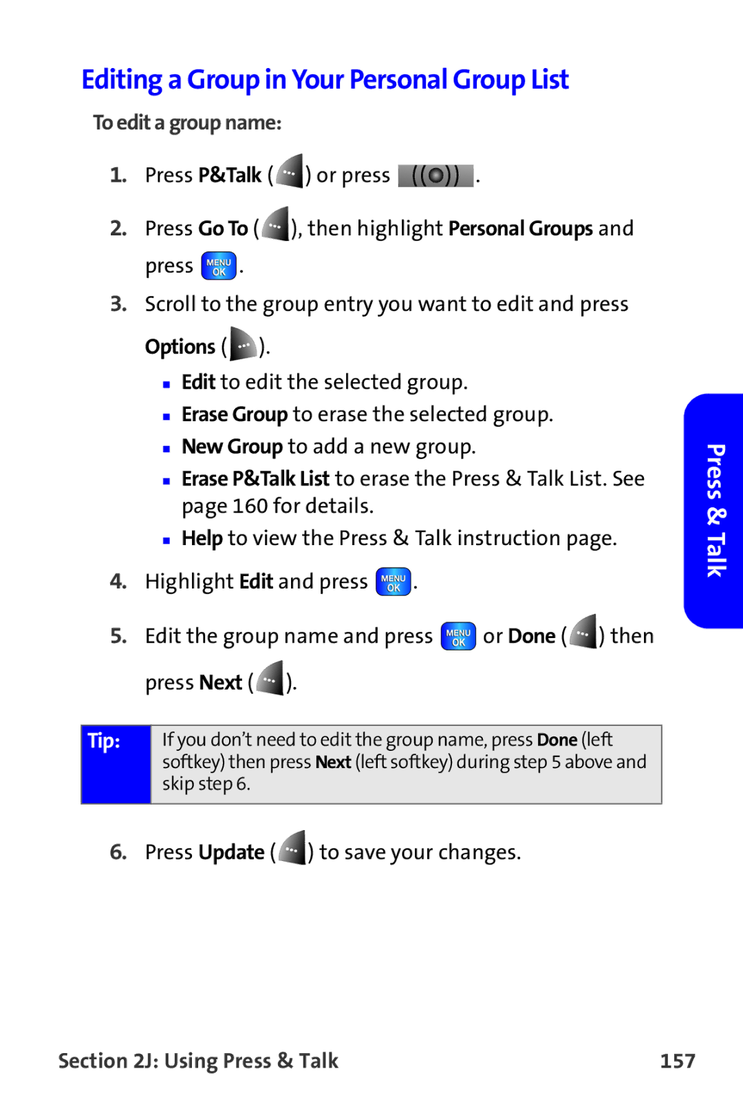 Samsung A820 manual Editing a Group in Your Personal Group List, To edit a group name, Using Press & Talk 157 