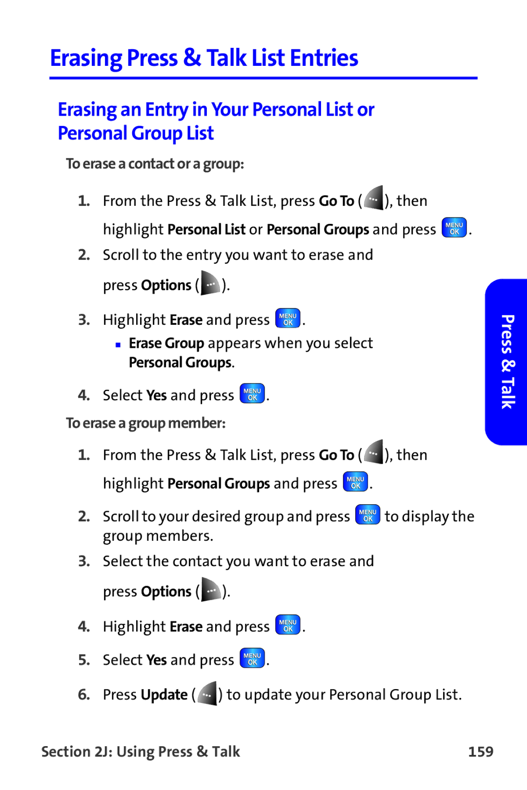 Samsung A820 manual Erasing Press & Talk List Entries, To erase a contact or a group, To erase a group member 