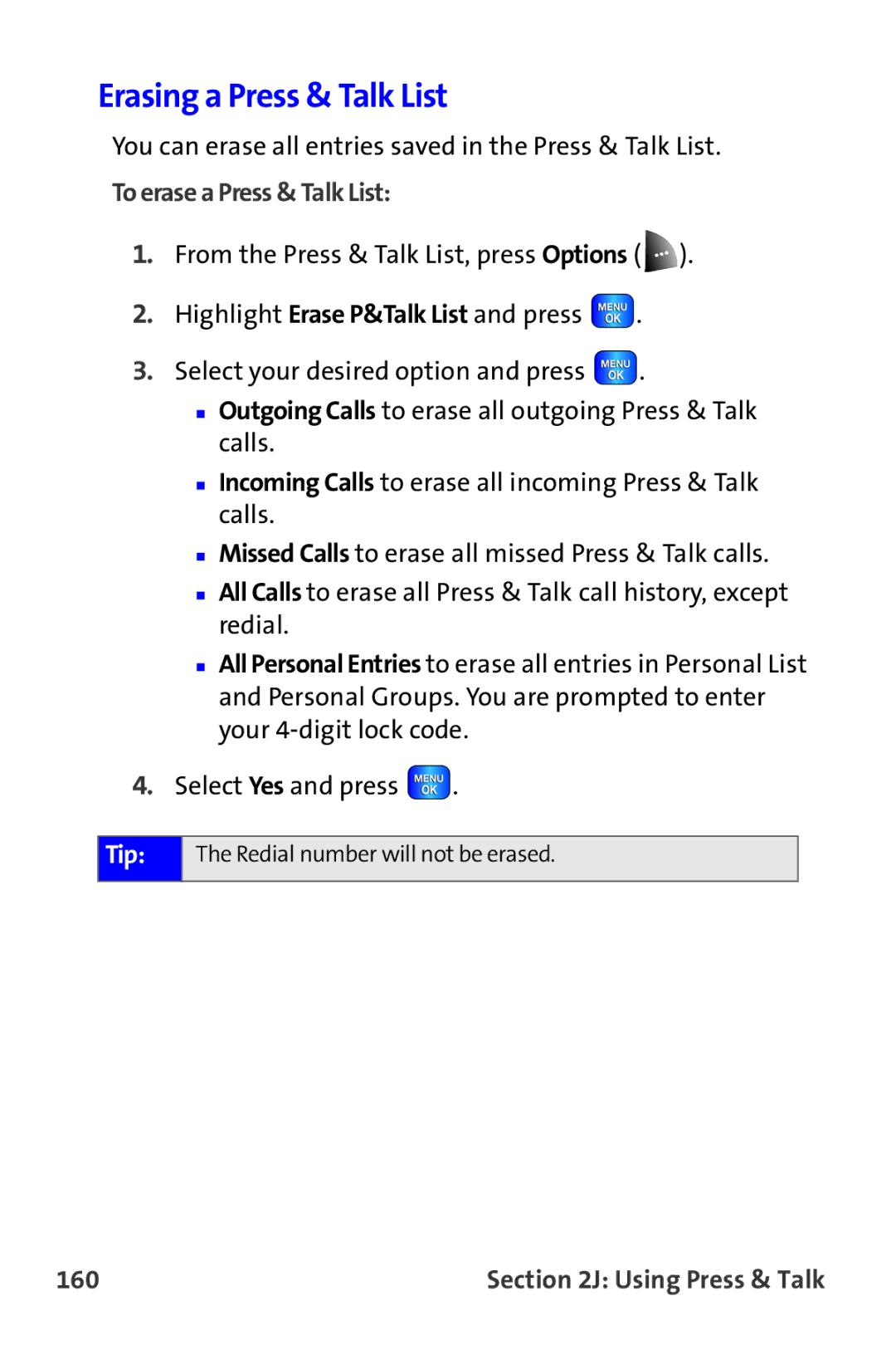 Samsung A820 manual Erasing a Press & Talk List, To erase a Press & Talk List, 160 