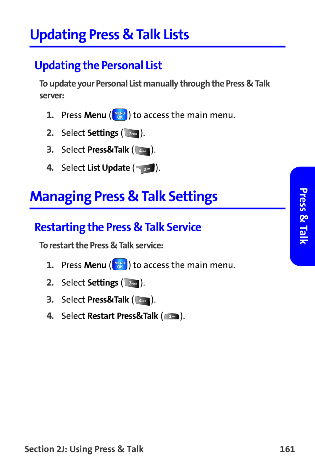 Samsung A820 manual Updating Press & Talk Lists, Managing Press & Talk Settings, Updating the Personal List 