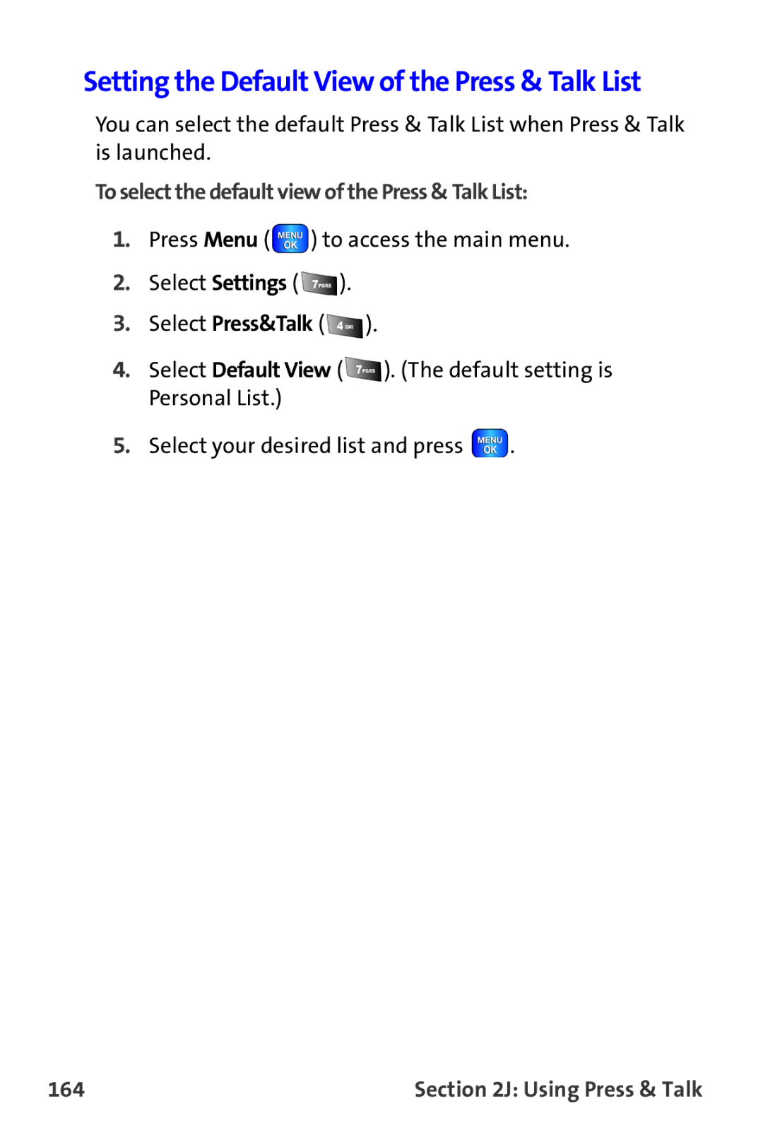 Samsung A820 Setting the Default View of the Press & Talk List, To select the default view of the Press & Talk List, 164 