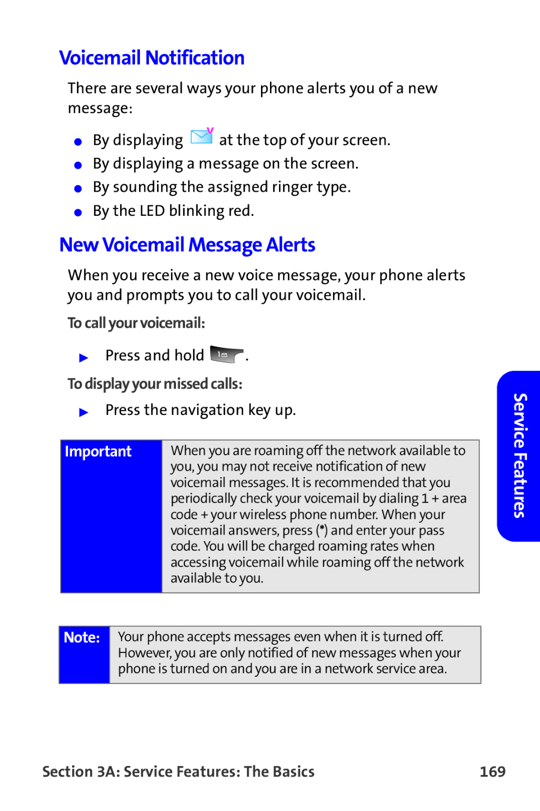 Samsung A820 Voicemail Notification, New Voicemail Message Alerts, To call your voicemail, To display your missed calls 