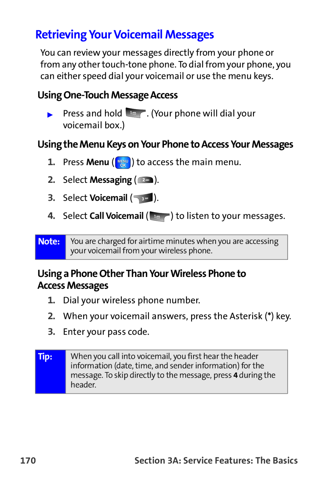 Samsung A820 manual Retrieving Your Voicemail Messages, Using One-Touch Message Access, 170 