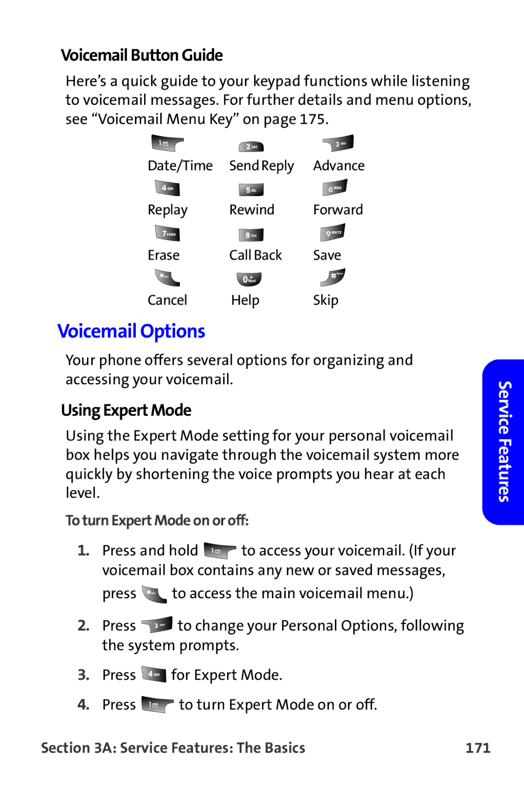 Samsung A820 manual Voicemail Options, Voicemail Button Guide, Using Expert Mode, To turn Expert Mode on or off 