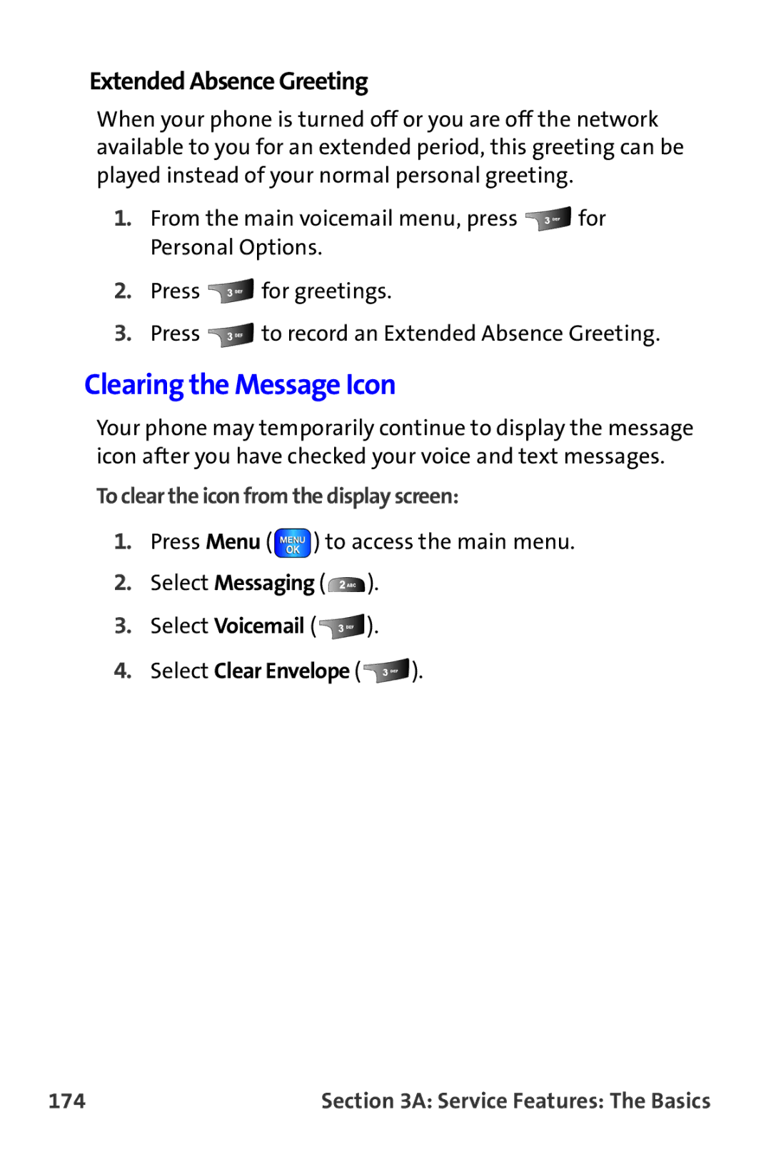 Samsung A820 manual Clearing the Message Icon, Extended Absence Greeting, To clear the icon from the display screen, 174 