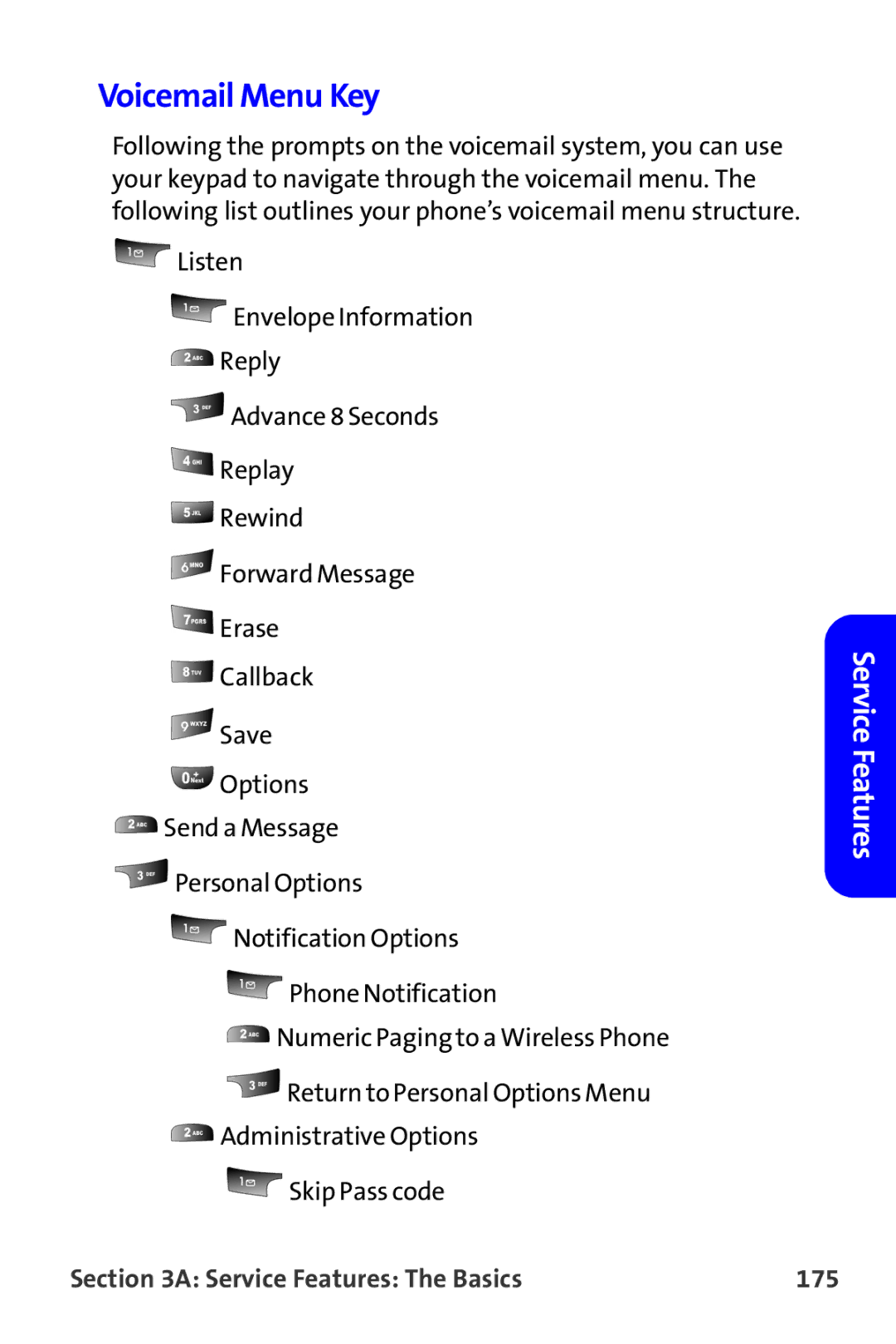 Samsung A820 manual Voicemail Menu Key, Service Features The Basics 175 