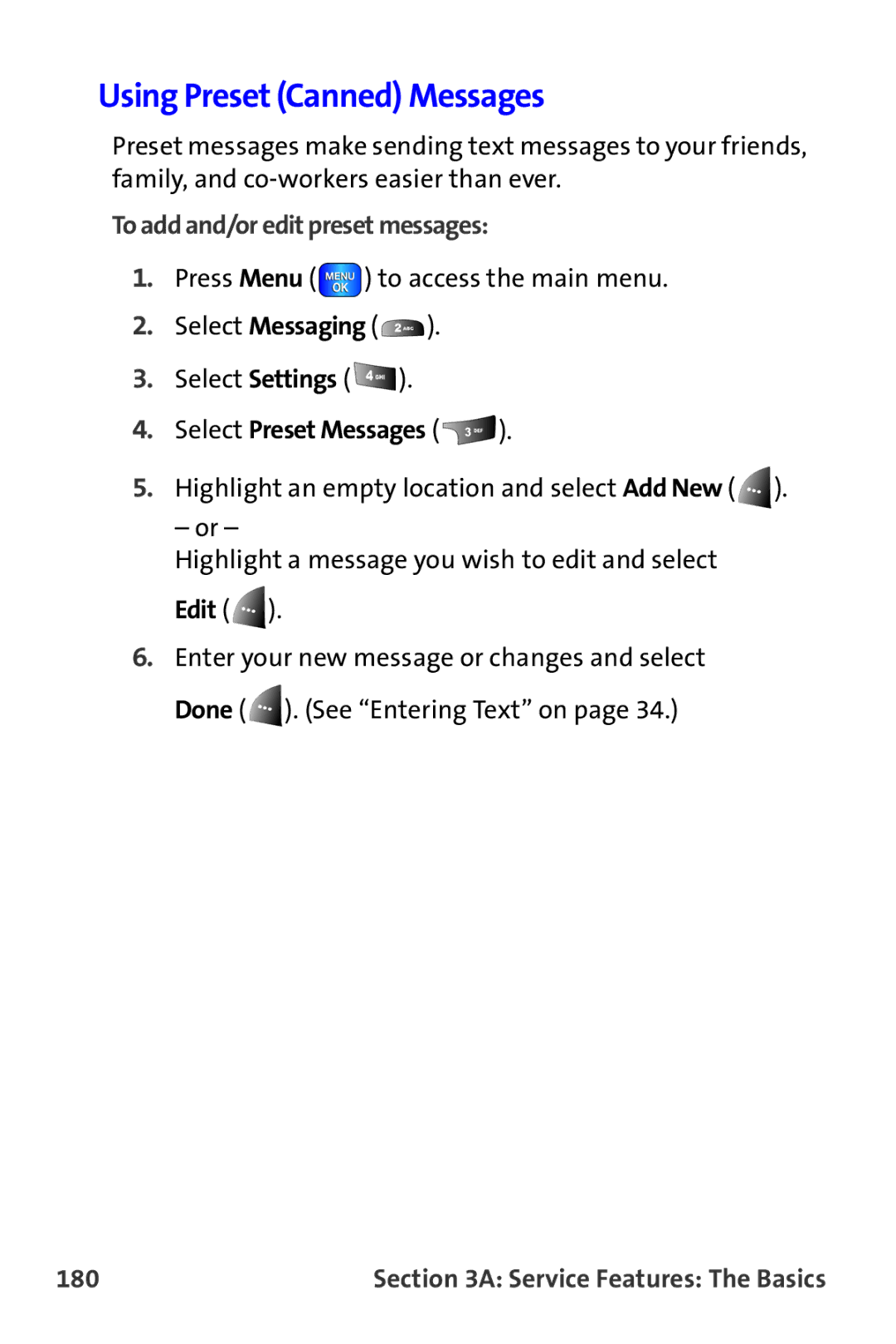Samsung A820 manual Using Preset Canned Messages, To add and/or edit preset messages, Select Preset Messages, Edit, 180 