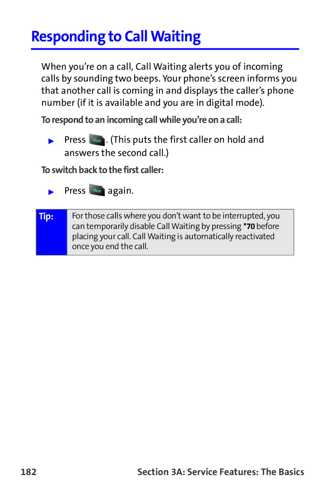 Samsung A820 manual Responding to Call Waiting, To respond to an incoming call while you’re on a call, 182 