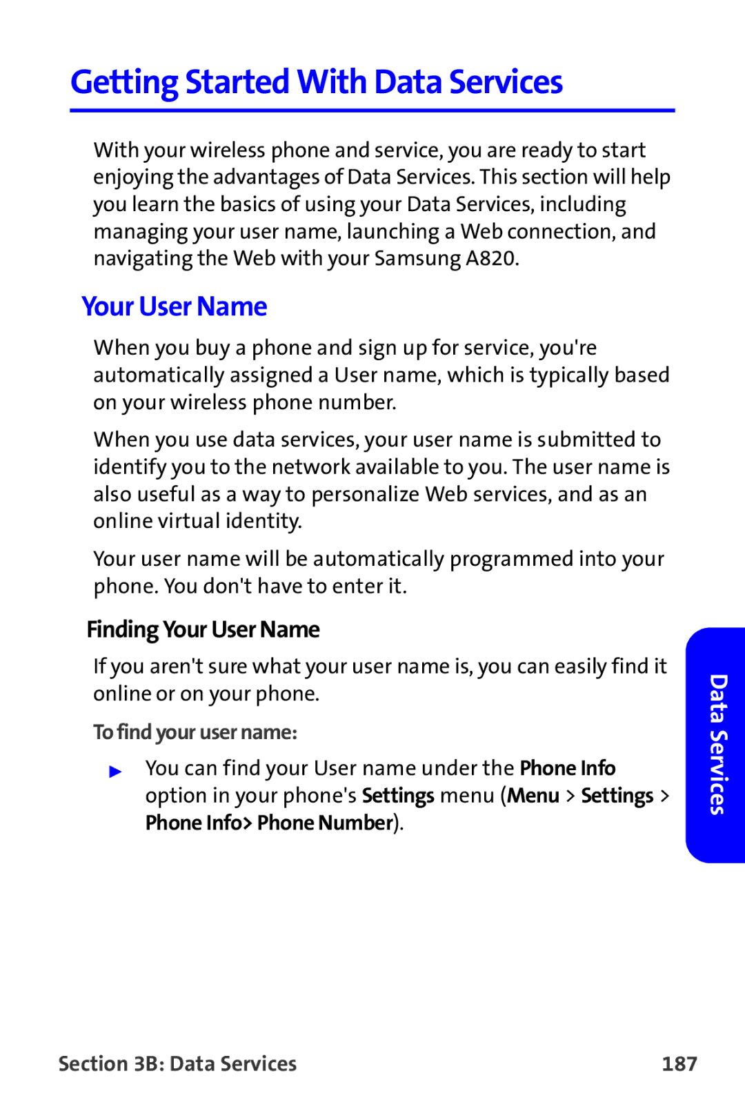 Samsung A820 Getting Started With Data Services, Finding Your User Name, To find your user name, Data Services 187 