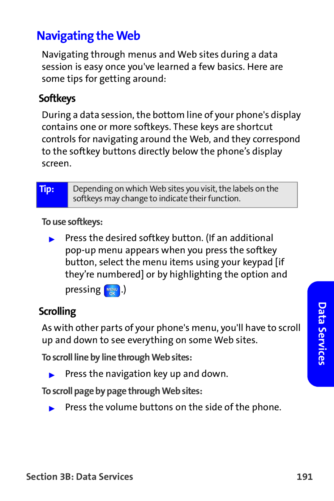 Samsung A820 manual Navigating the Web, Softkeys, Scrolling 