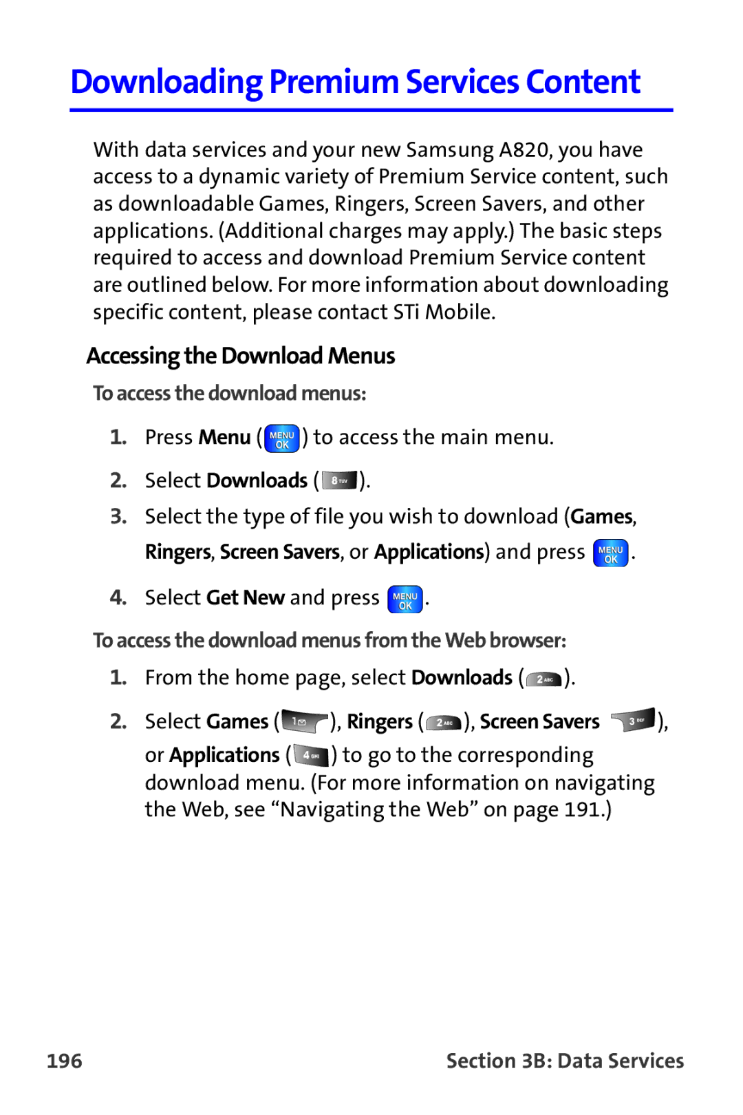 Samsung A820 manual Accessing the Download Menus, To access the download menus from the Web browser, 196 