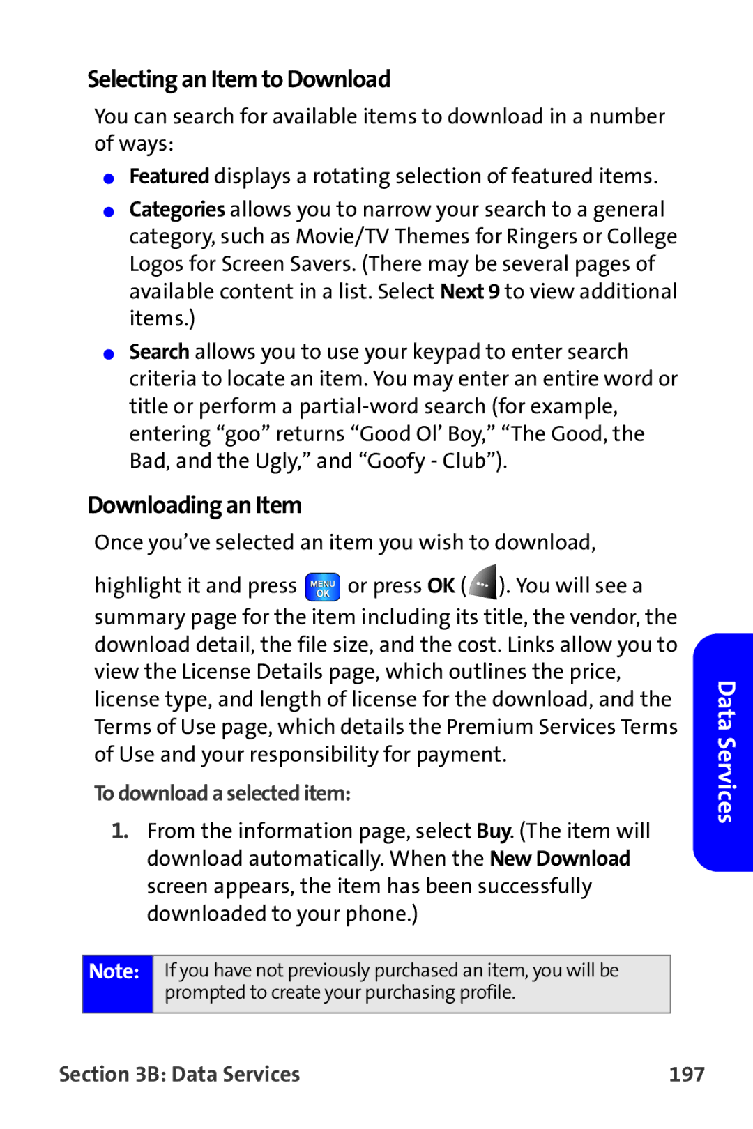 Samsung A820 manual Selecting an Item to Download, Downloading an Item, To download a selected item, Data Services 197 