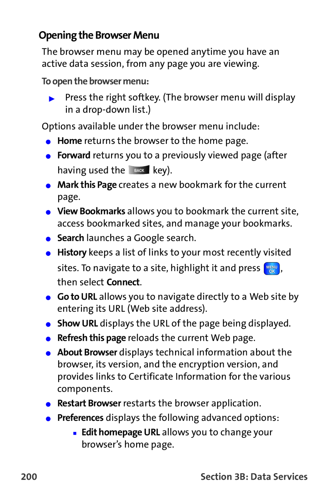 Samsung A820 manual Opening the Browser Menu, To open the browser menu, 200 