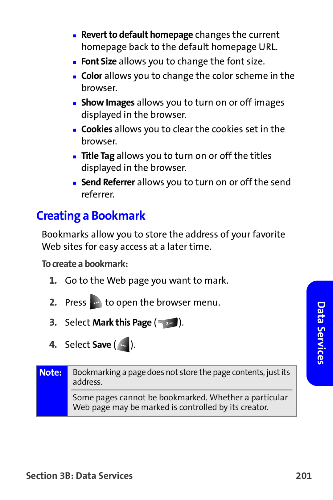 Samsung A820 manual Creating a Bookmark, To create a bookmark, Select Mark this, Data Services 201 