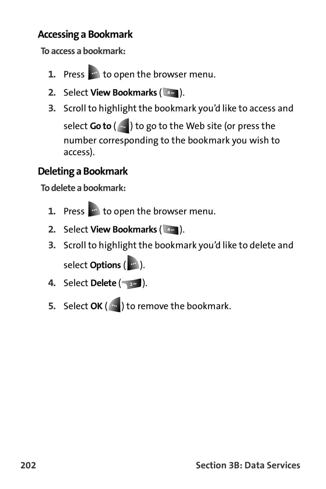 Samsung A820 manual Accessing a Bookmark, Deleting a Bookmark, To access a bookmark, To delete a bookmark, 202 