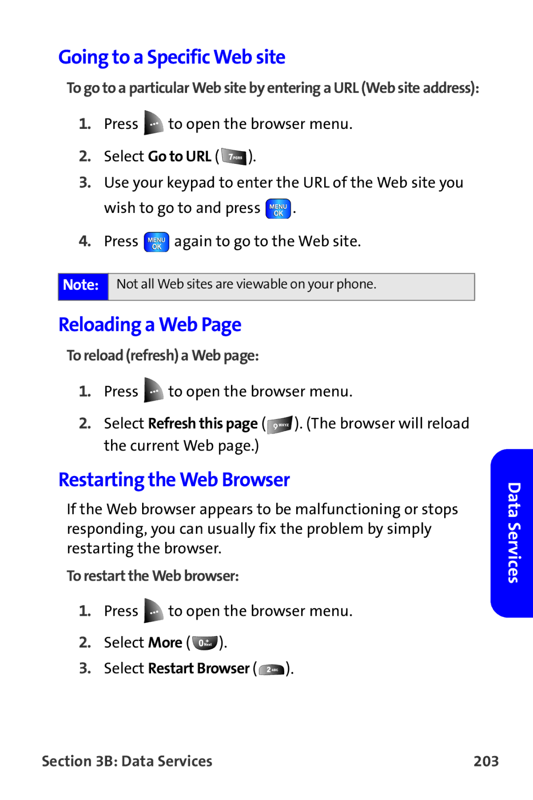 Samsung A820 manual Going to a Specific Web site, Reloading a Web, Restarting the Web Browser 