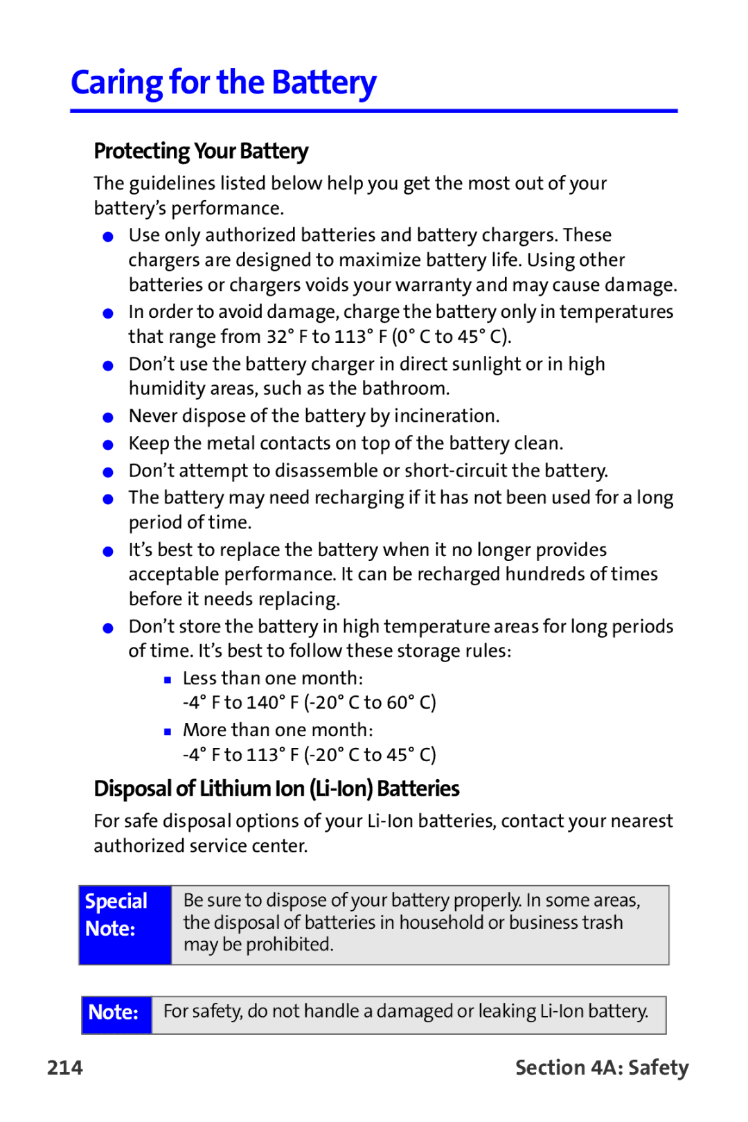 Samsung A820 manual Caring for the Battery, 214 