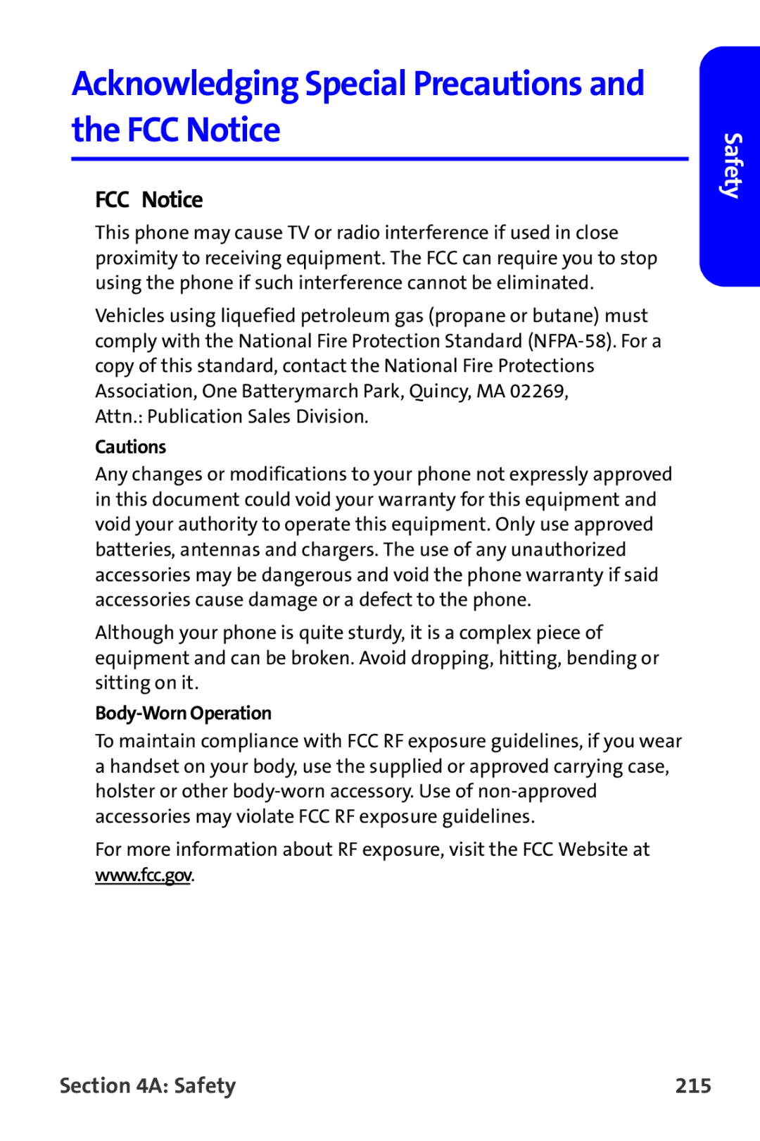 Samsung A820 manual Acknowledging Special Precautions and the FCC Notice, Safety 215 