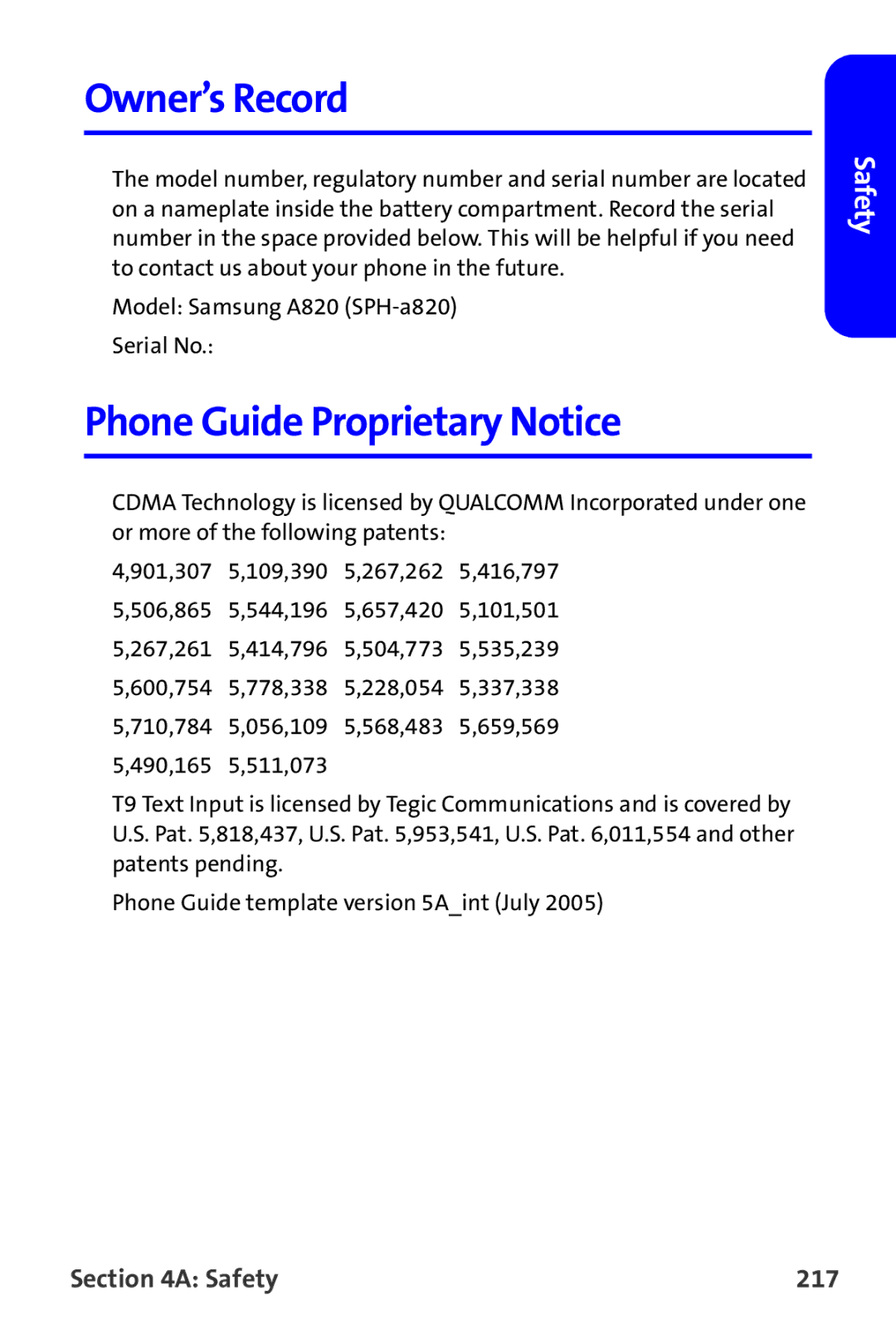 Samsung A820 manual Owner’s Record, Phone Guide Proprietary Notice, Safety 217 