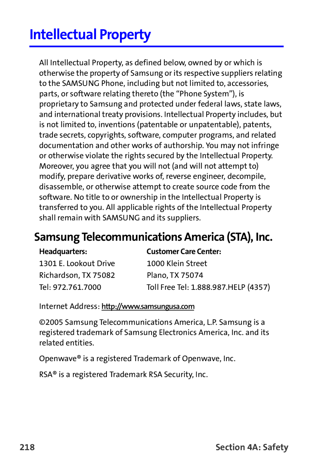 Samsung A820 manual Intellectual Property, Samsung Telecommunications America STA, Inc, 218 