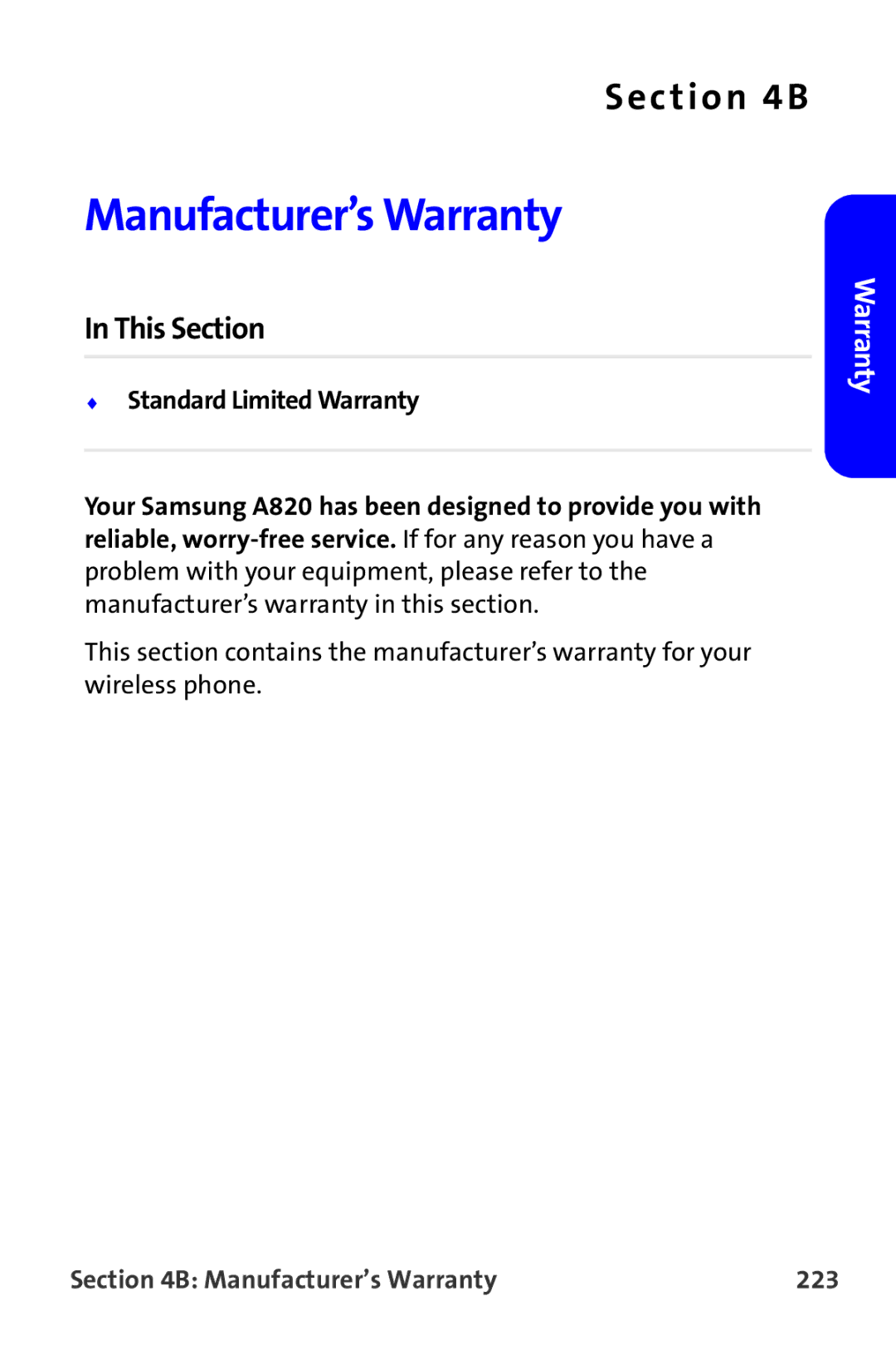 Samsung A820 manual Manufacturer’s Warranty 223 