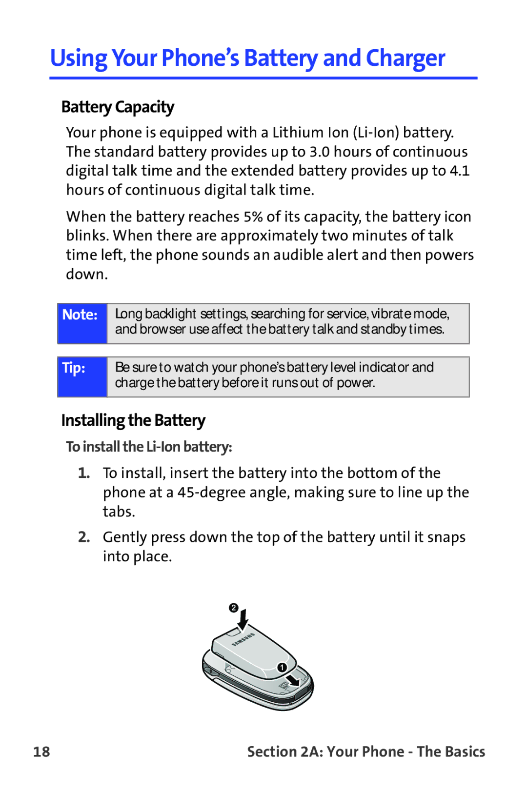 Samsung A820 manual Battery Capacity, Installing the Battery, To install the Li-Ion battery 