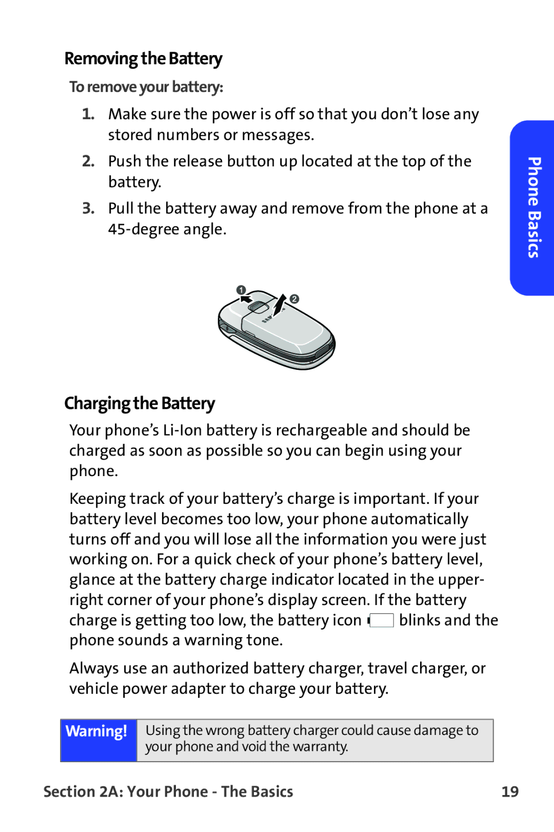 Samsung A820 manual Removing the Battery, Charging the Battery, To remove your battery 