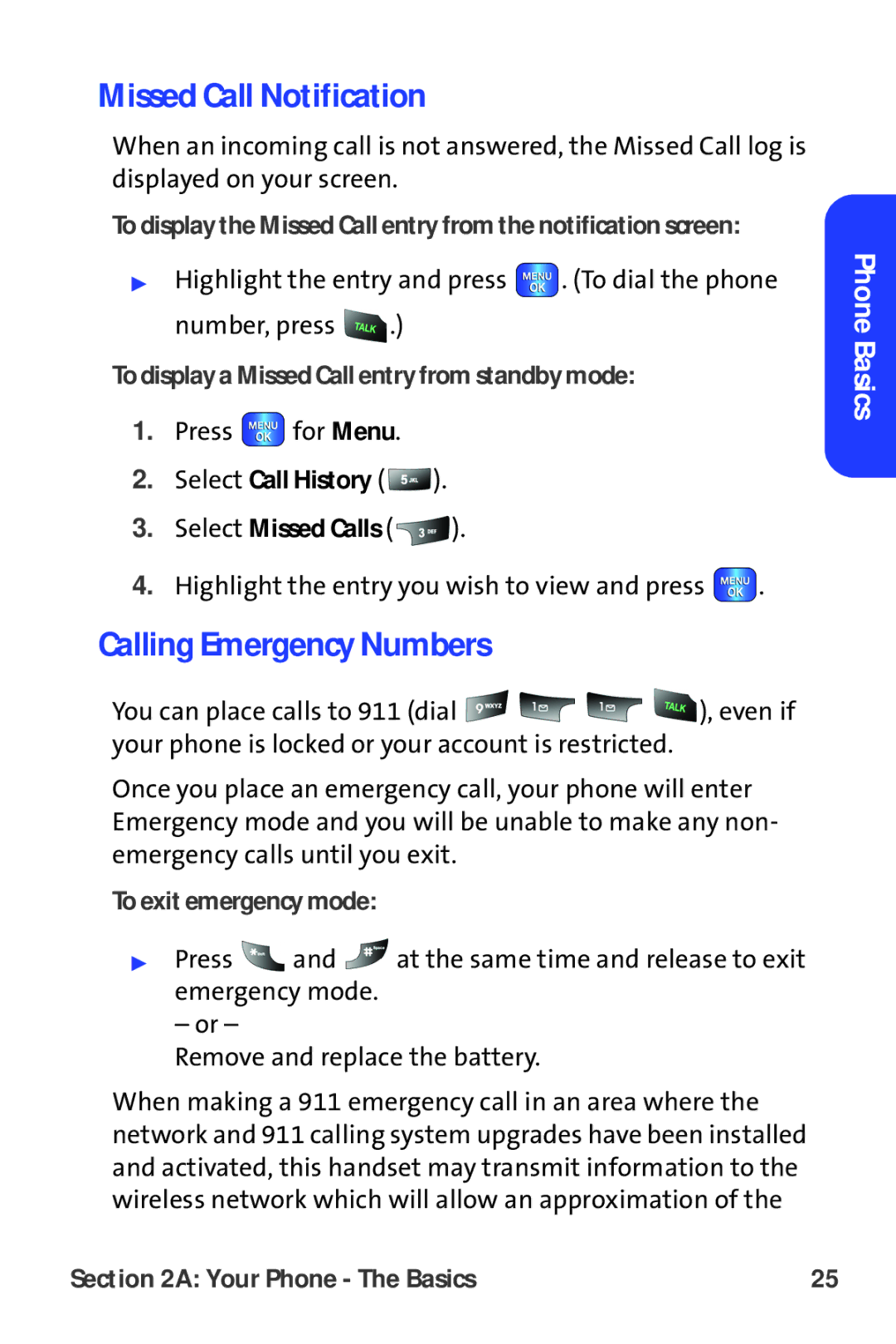 Samsung A820 manual Missed Call Notification, Calling Emergency Numbers, To display a Missed Call entry from standby mode 