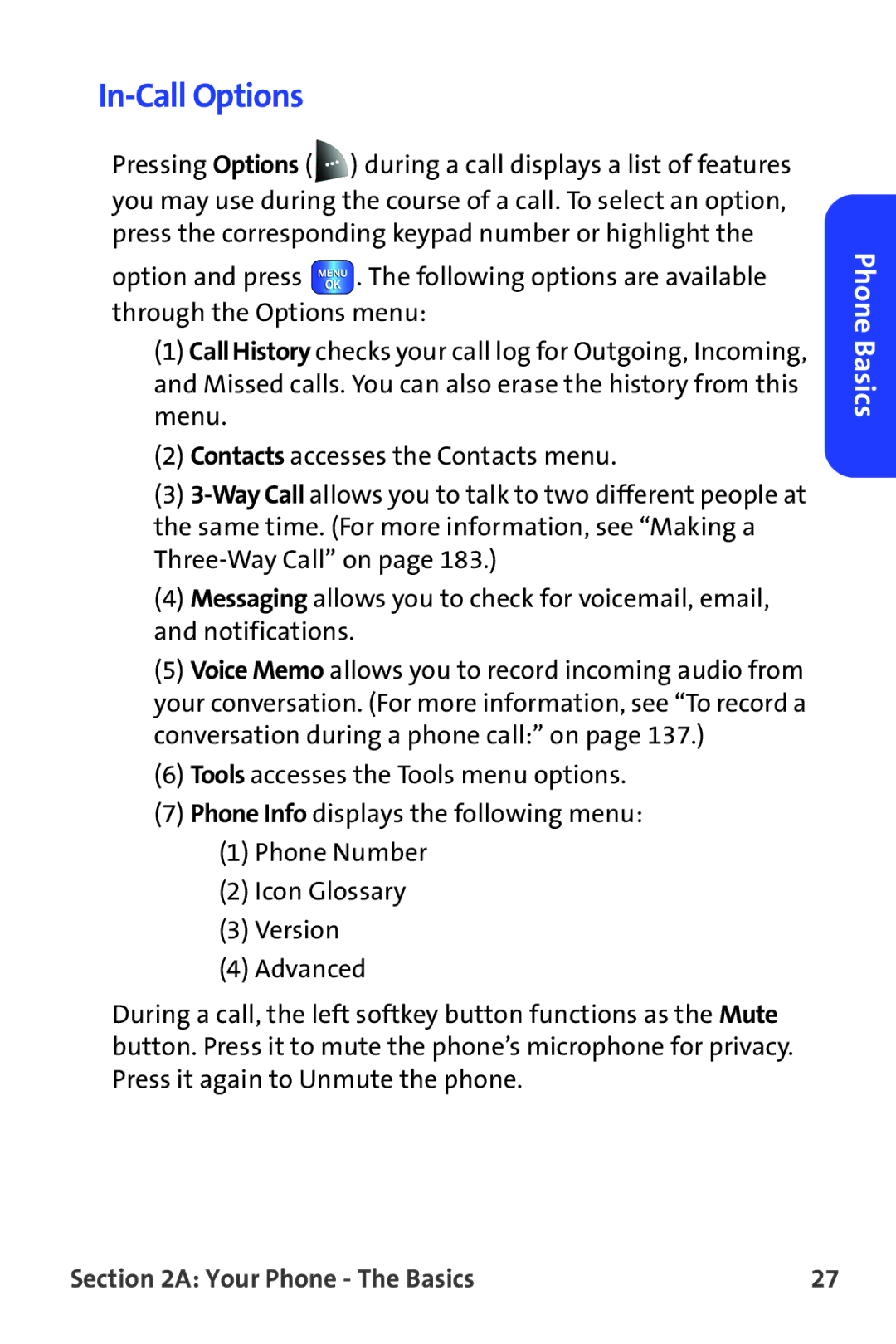 Samsung A820 manual In-Call Options 