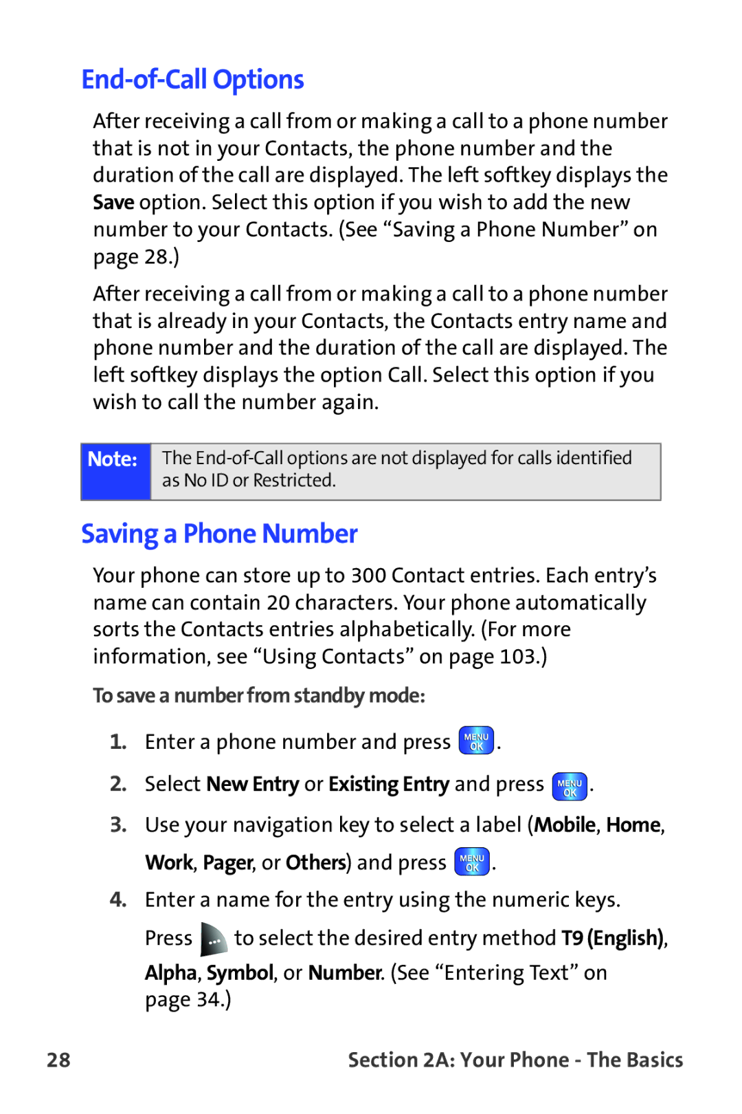 Samsung A820 manual End-of-Call Options, Saving a Phone Number, To save a number from standby mode 