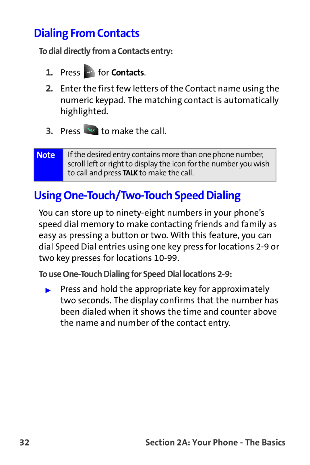 Samsung A820 manual Dialing From Contacts, Using One-Touch/Two-Touch Speed Dialing, To dial directly from a Contacts entry 