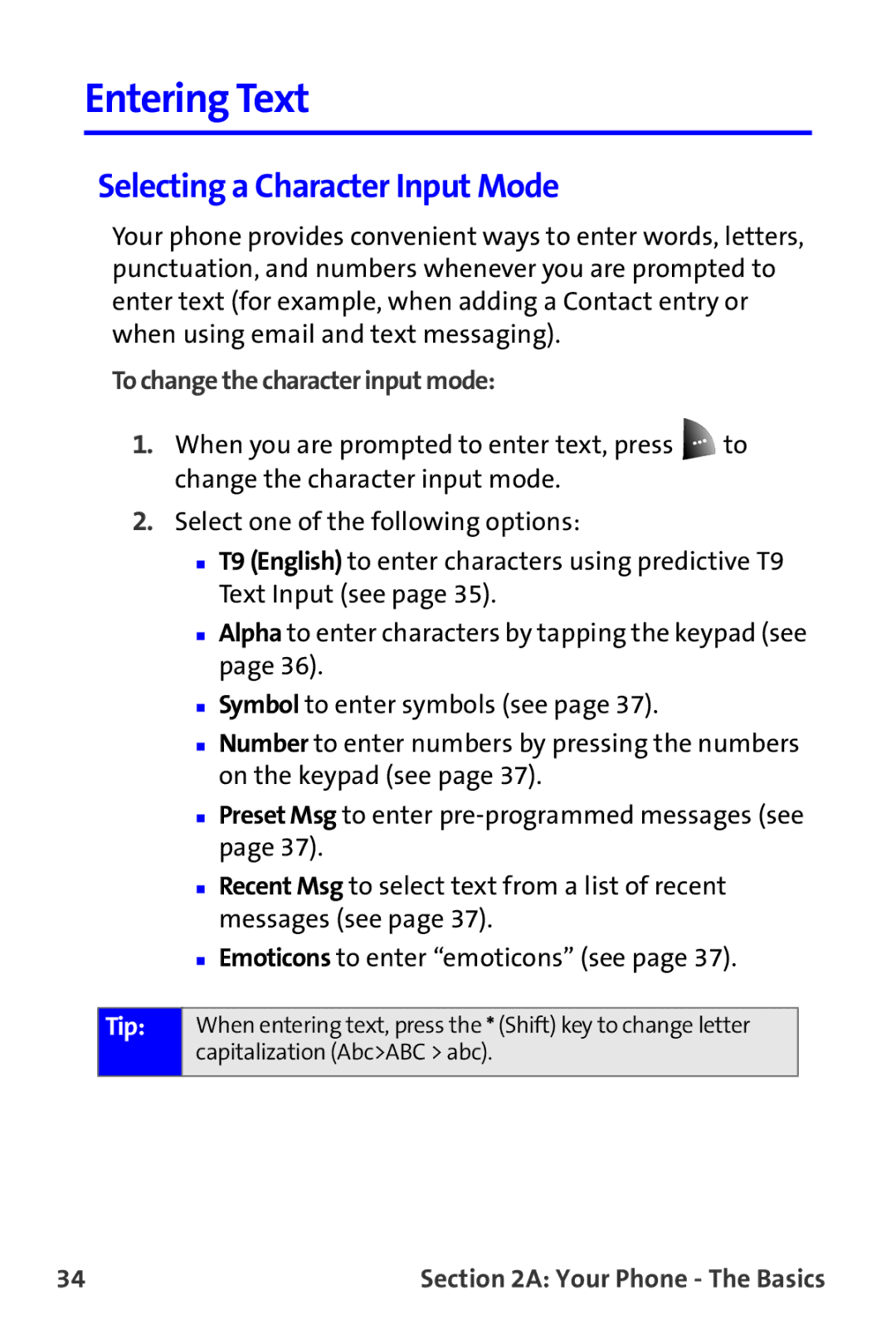 Samsung A820 manual Entering Text, Selecting a Character Input Mode, To change the character input mode 