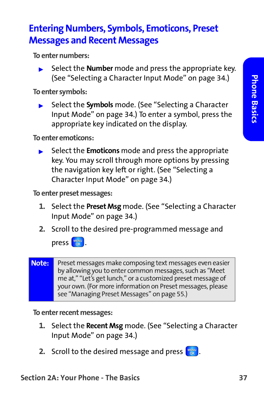 Samsung A820 To enter numbers, To enter symbols, To enter emoticons, To enter preset messages, To enter recent messages 