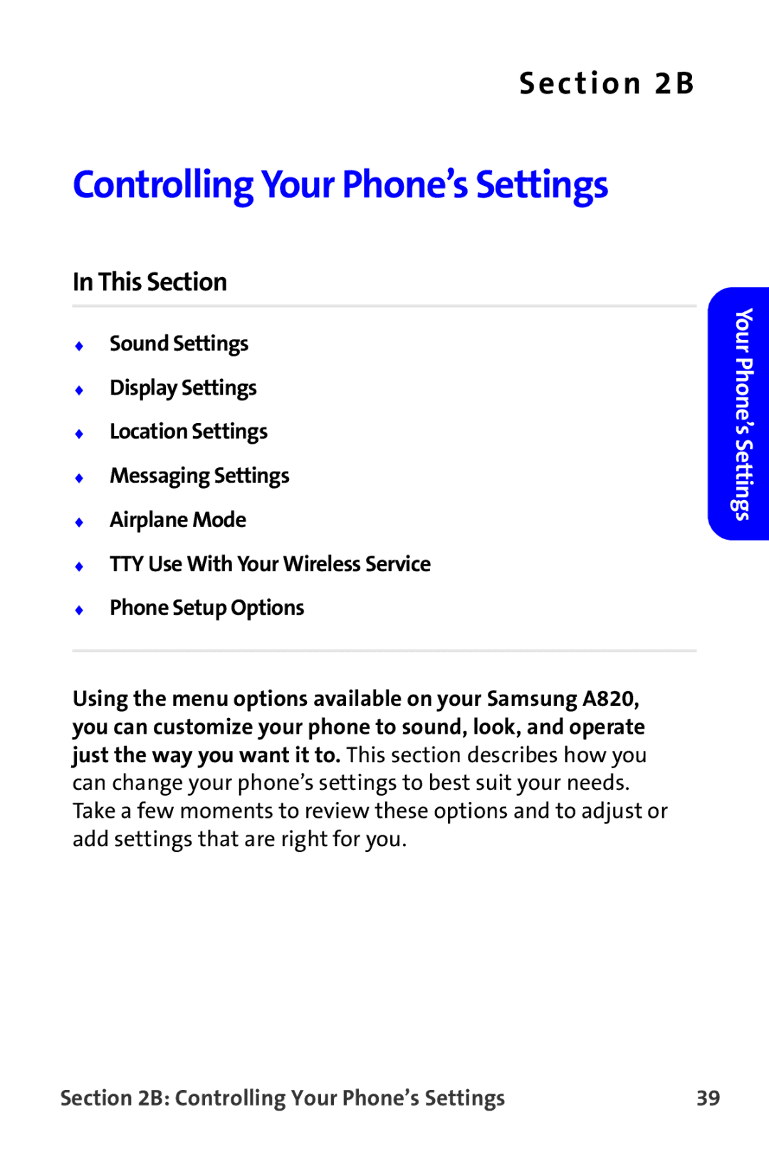 Samsung A820 manual Controlling Your Phone’s Settings 