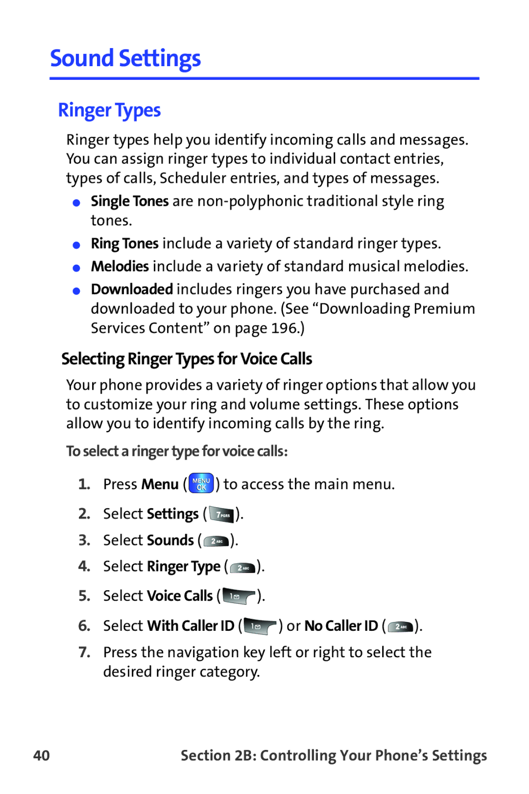 Samsung A820 manual Sound Settings, Selecting Ringer Types for Voice Calls, To select a ringer type for voice calls 