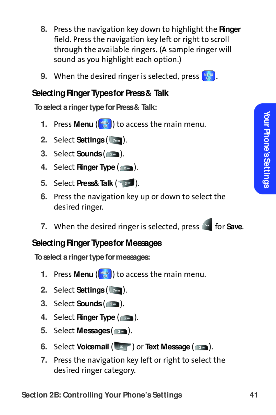 Samsung A820 manual Selecting Ringer Types for Press & Talk, Selecting Ringer Types for Messages 