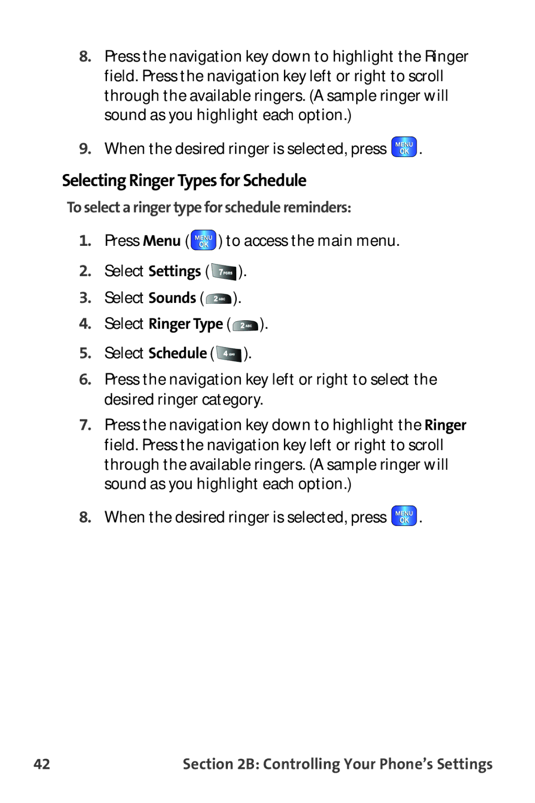 Samsung A820 manual Selecting Ringer Types for Schedule, To select a ringer type for schedule reminders 