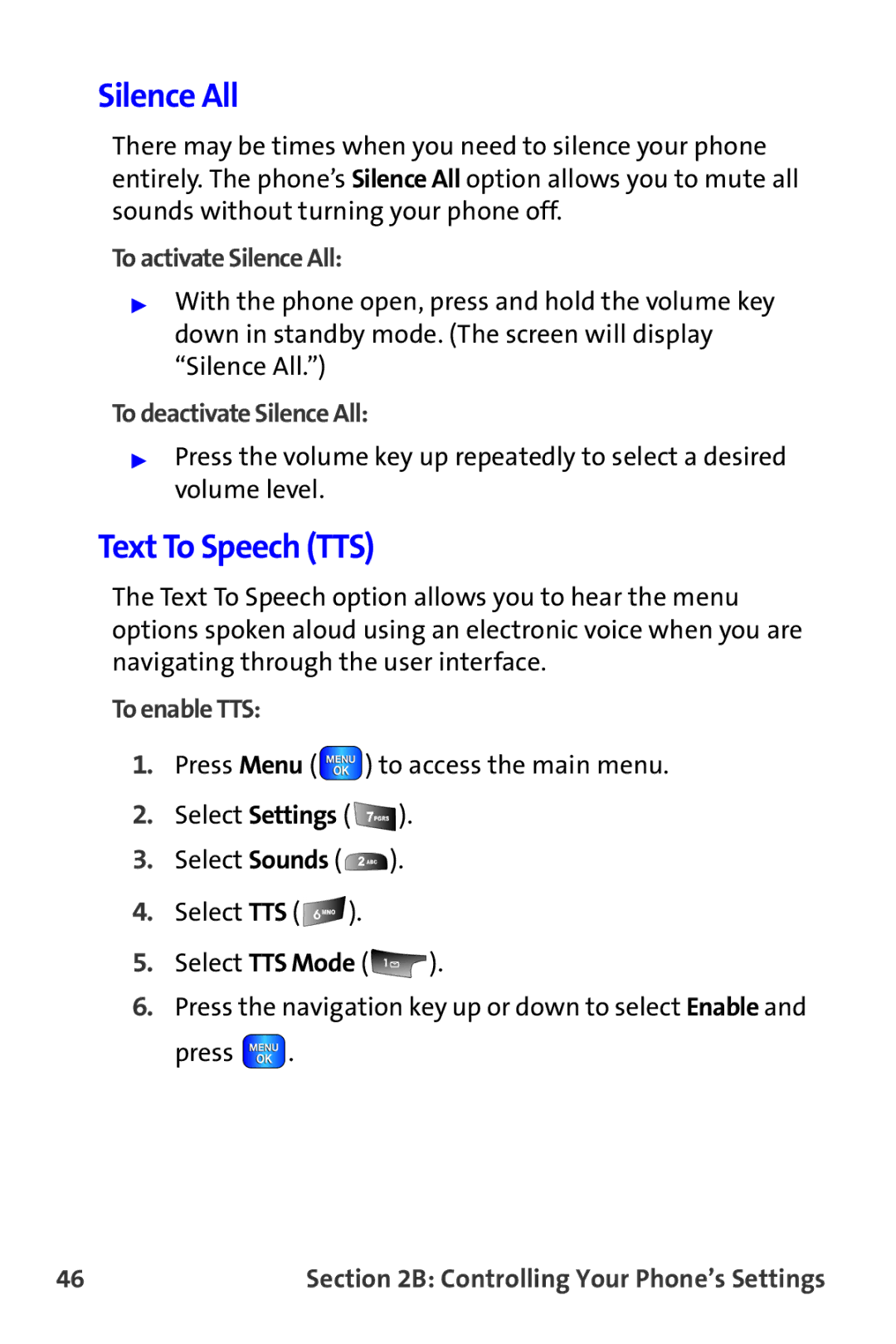 Samsung A820 manual Text To Speech TTS, To activate Silence All, To deactivate Silence All, To enable TTS 