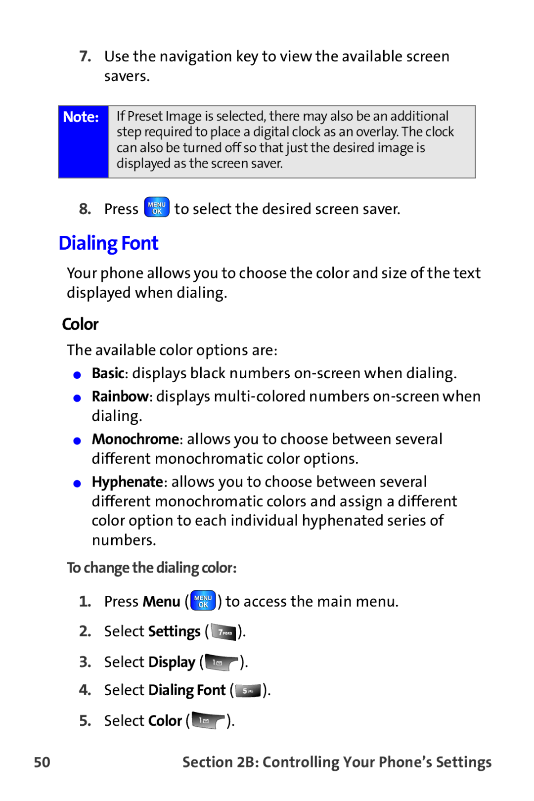 Samsung A820 manual Color, To change the dialing color, Select Dialing Font 