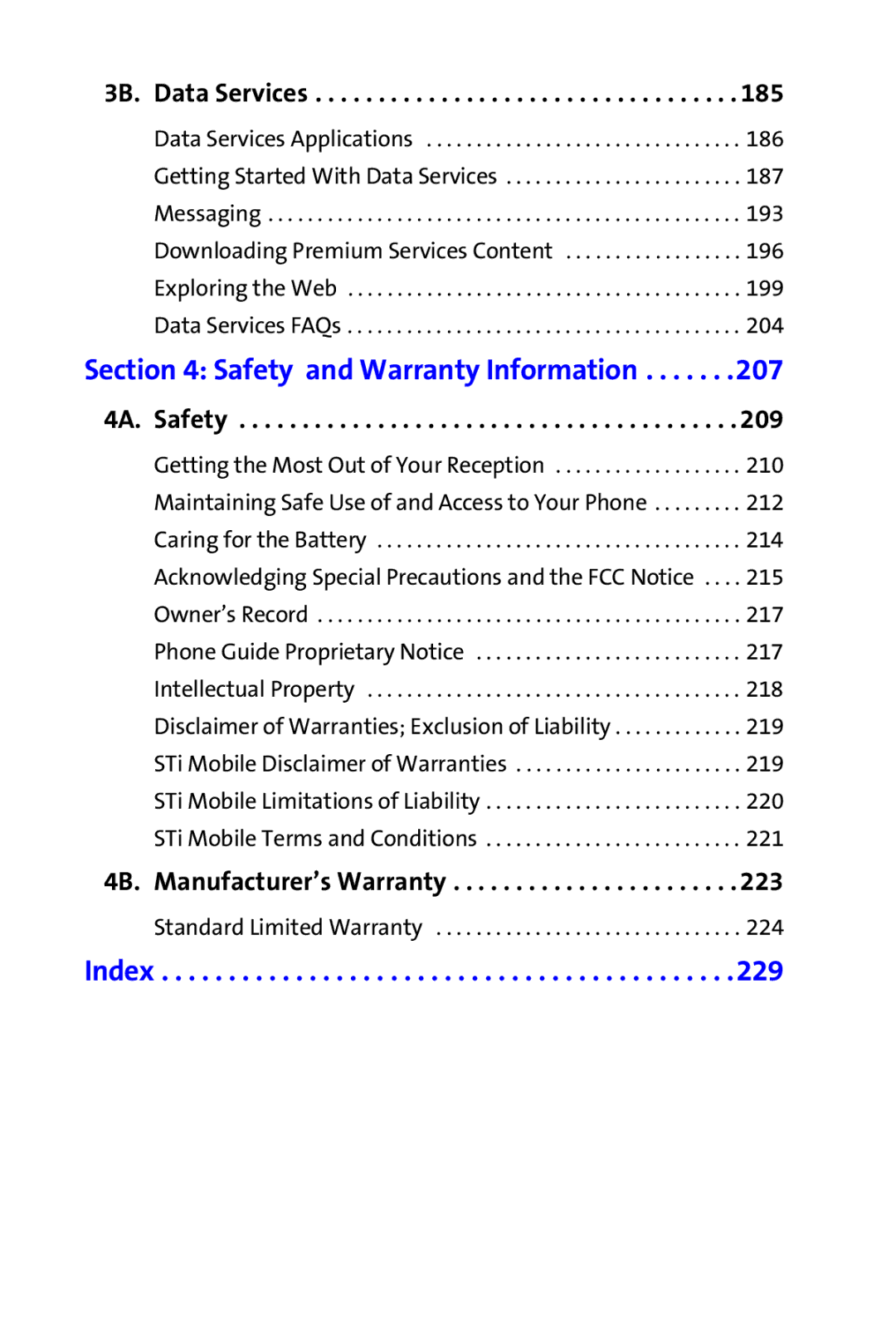 Samsung A820 manual 3B. Data Services, 4A. Safety, 4B. Manufacturer’s Warranty 