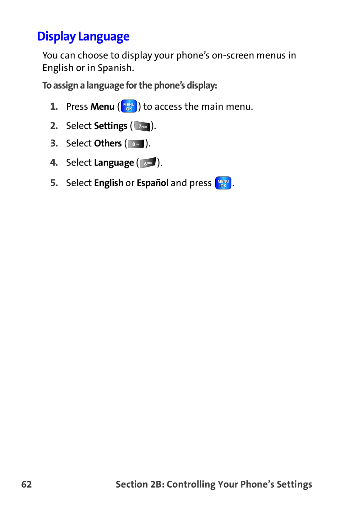 Samsung A820 manual Display Language, To assign a language for the phone’s display 