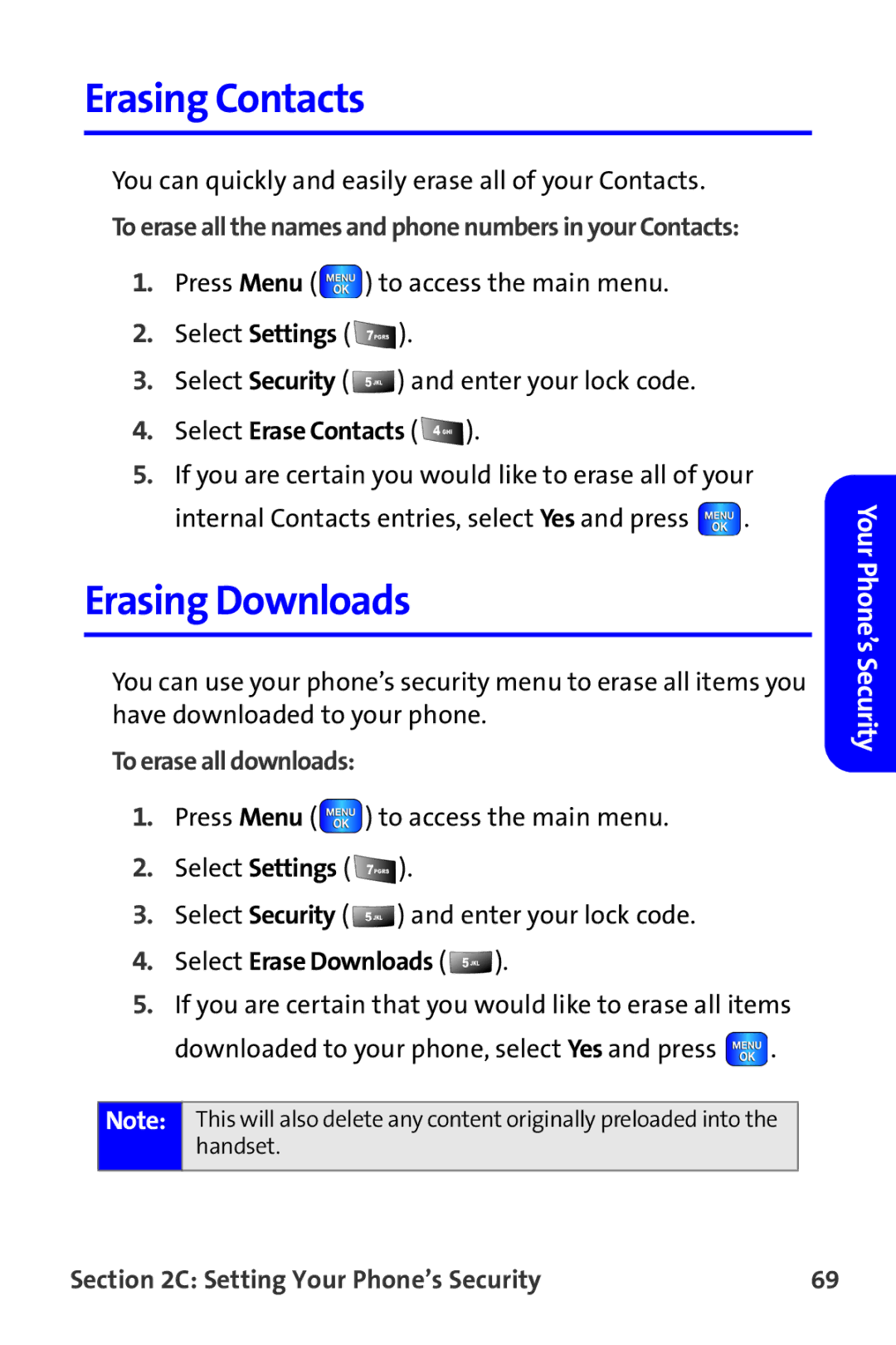 Samsung A820 Erasing Contacts, Erasing Downloads, Select Erase Contacts, To erase all downloads, Select Erase Downloads 