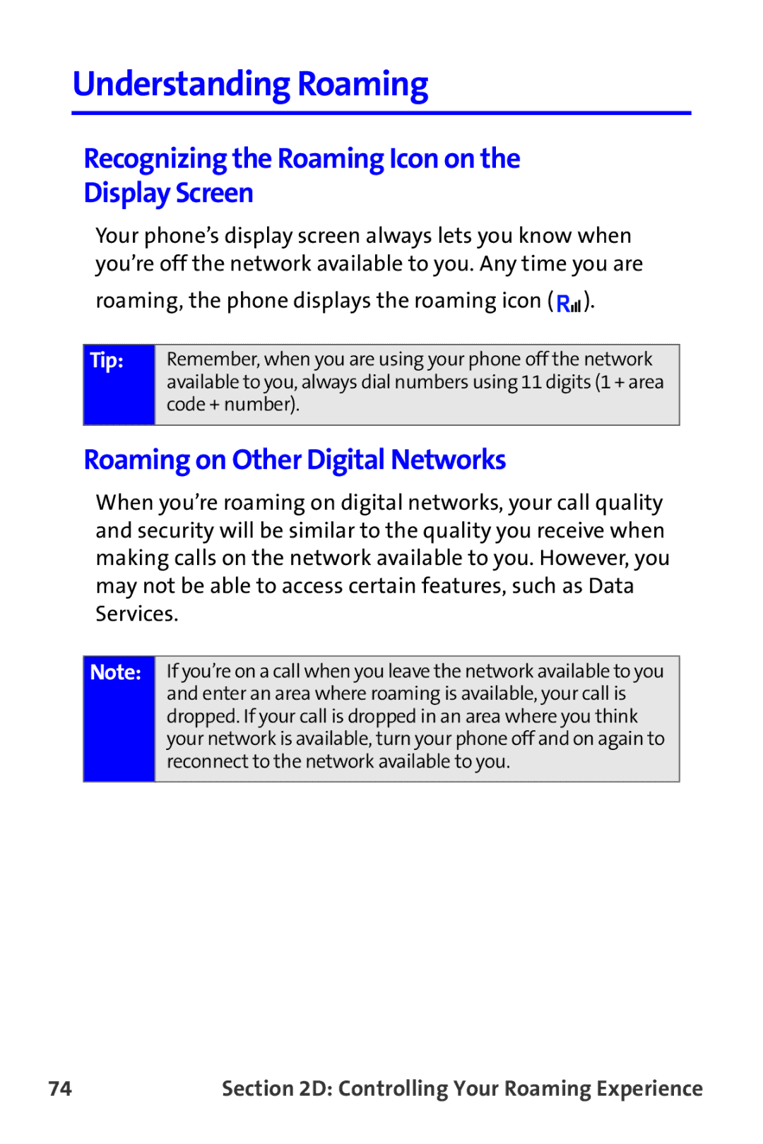 Samsung A820 Understanding Roaming, Recognizing the Roaming Icon on the Display Screen, Roaming on Other Digital Networks 