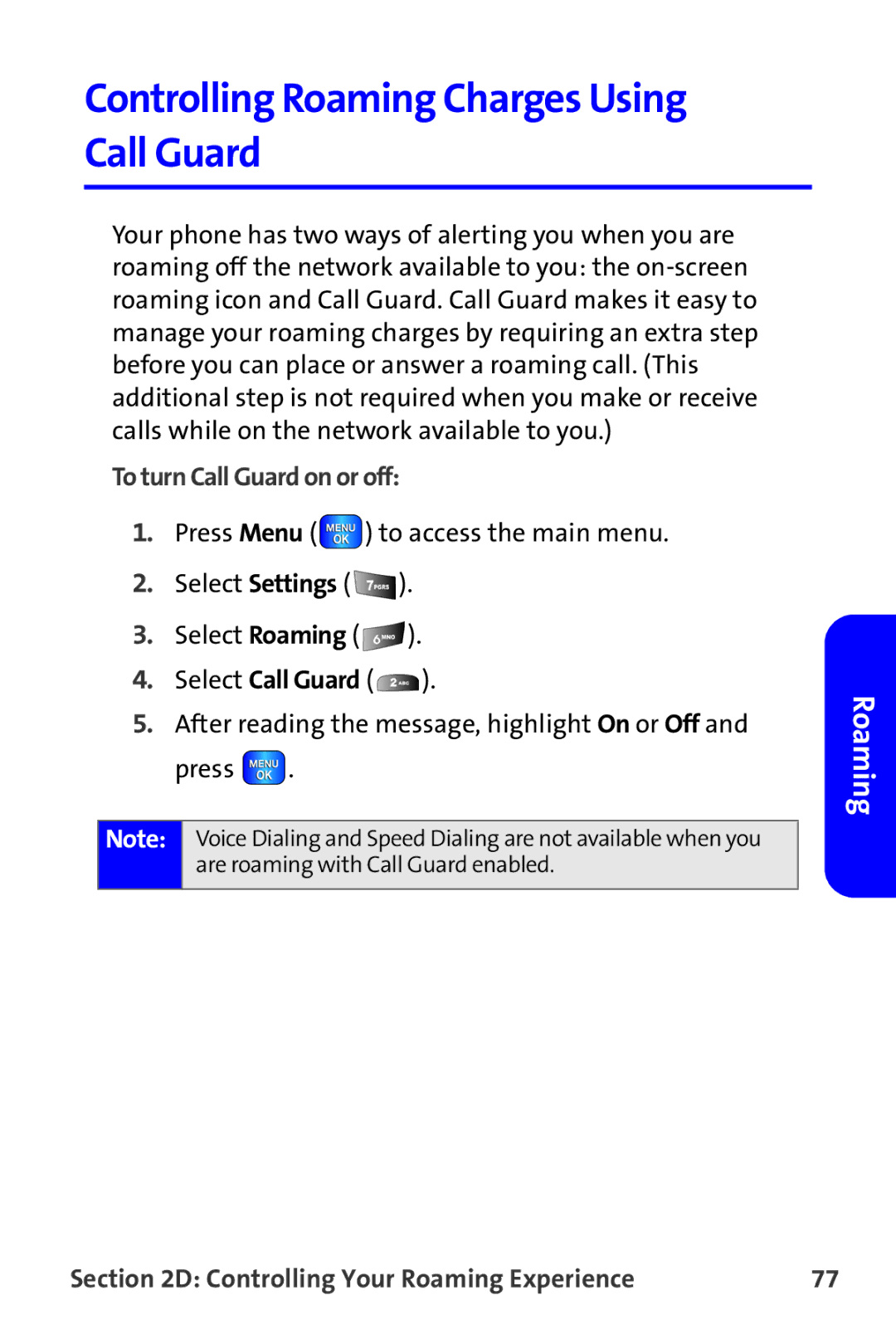 Samsung A820 manual Controlling Roaming Charges Using Call Guard, To turn Call Guard on or off 