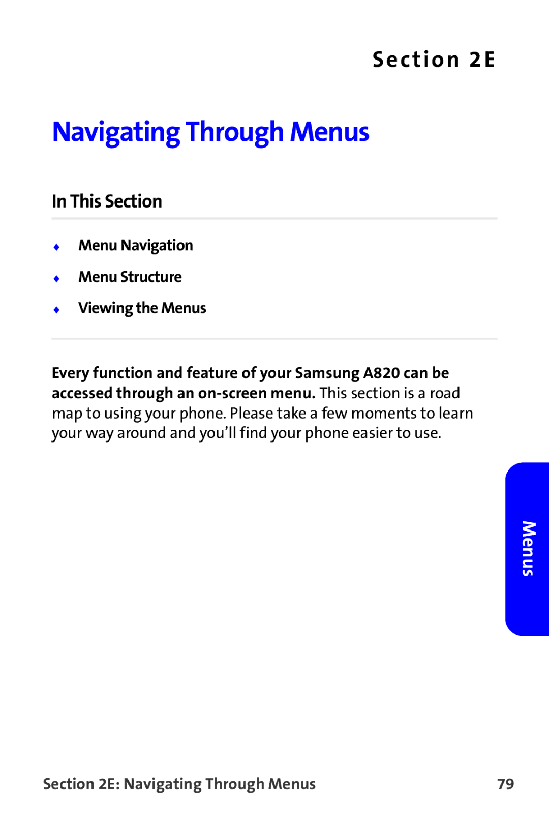 Samsung A820 manual Menu Navigation Menu Structure Viewing the Menus, Navigating Through Menus 