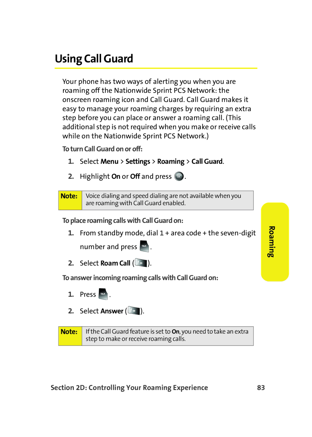 Samsung A900M manual Using Call Guard, To turn Call Guard on or off, Select Menu Settings Roaming Call Guard 