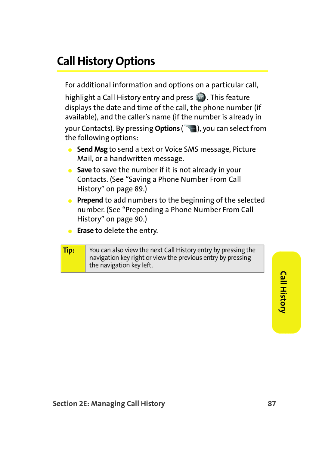 Samsung A900M manual Call History Options, Tip 